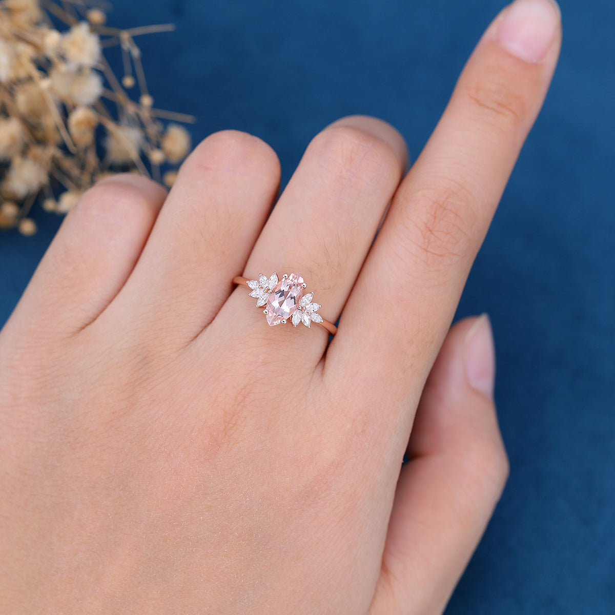 Marquise cut Morganite Cluster Engagement ring 