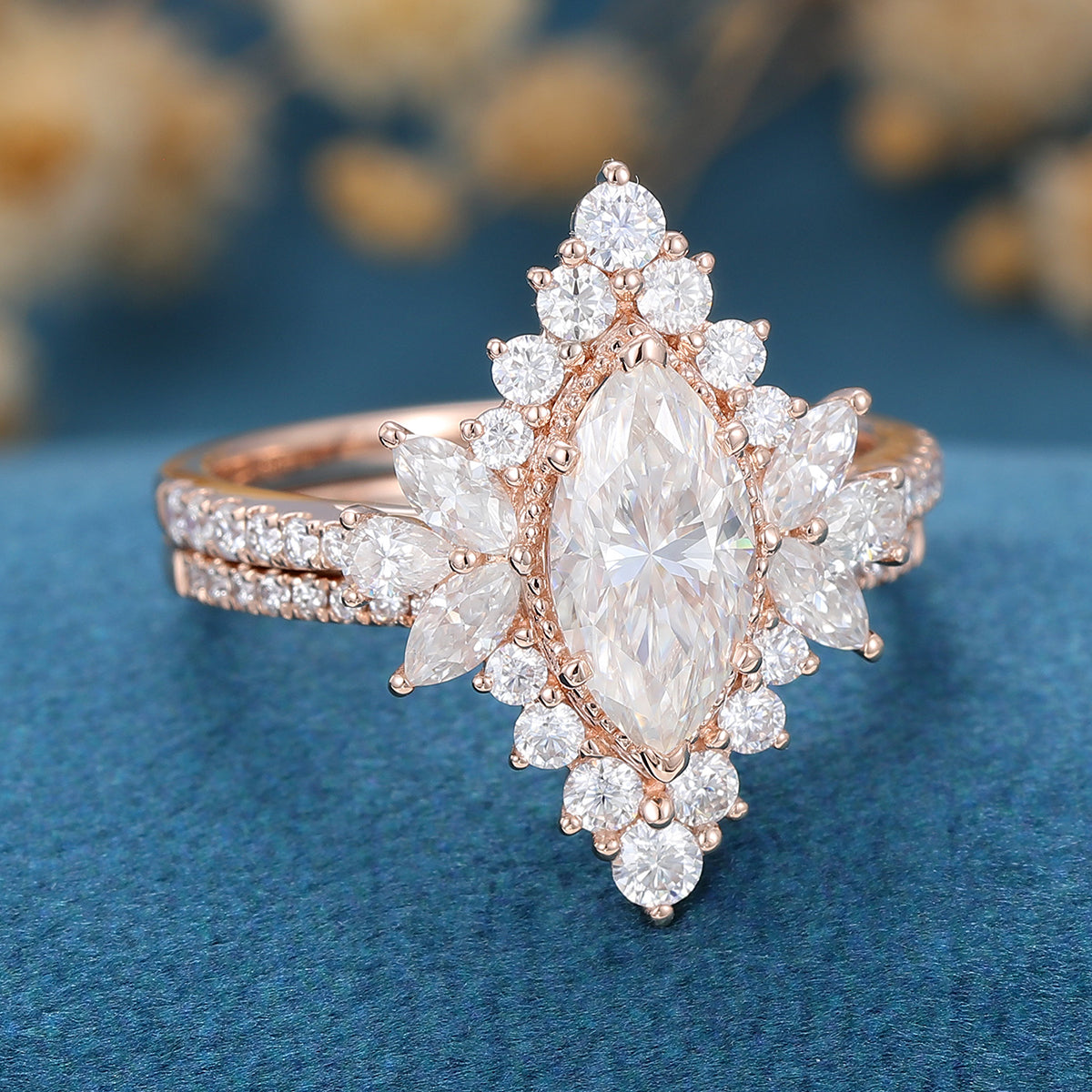 1 Carat Marquise cut Moissanite Halo Cluster Engagement Ring Bridal Set 