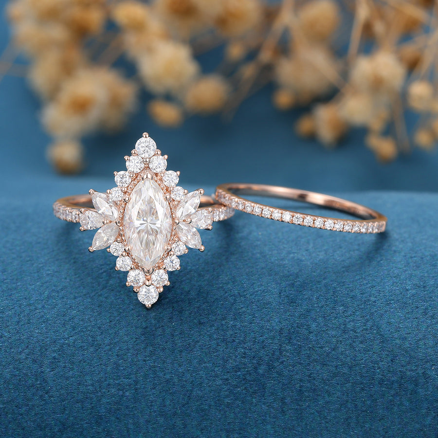 1 Carat Marquise cut Moissanite Halo Cluster Engagement Ring Bridal Set 
