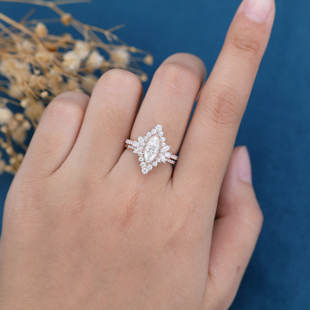 1 Carat Marquise cut Moissanite Halo Cluster Engagement Ring Bridal Set 
