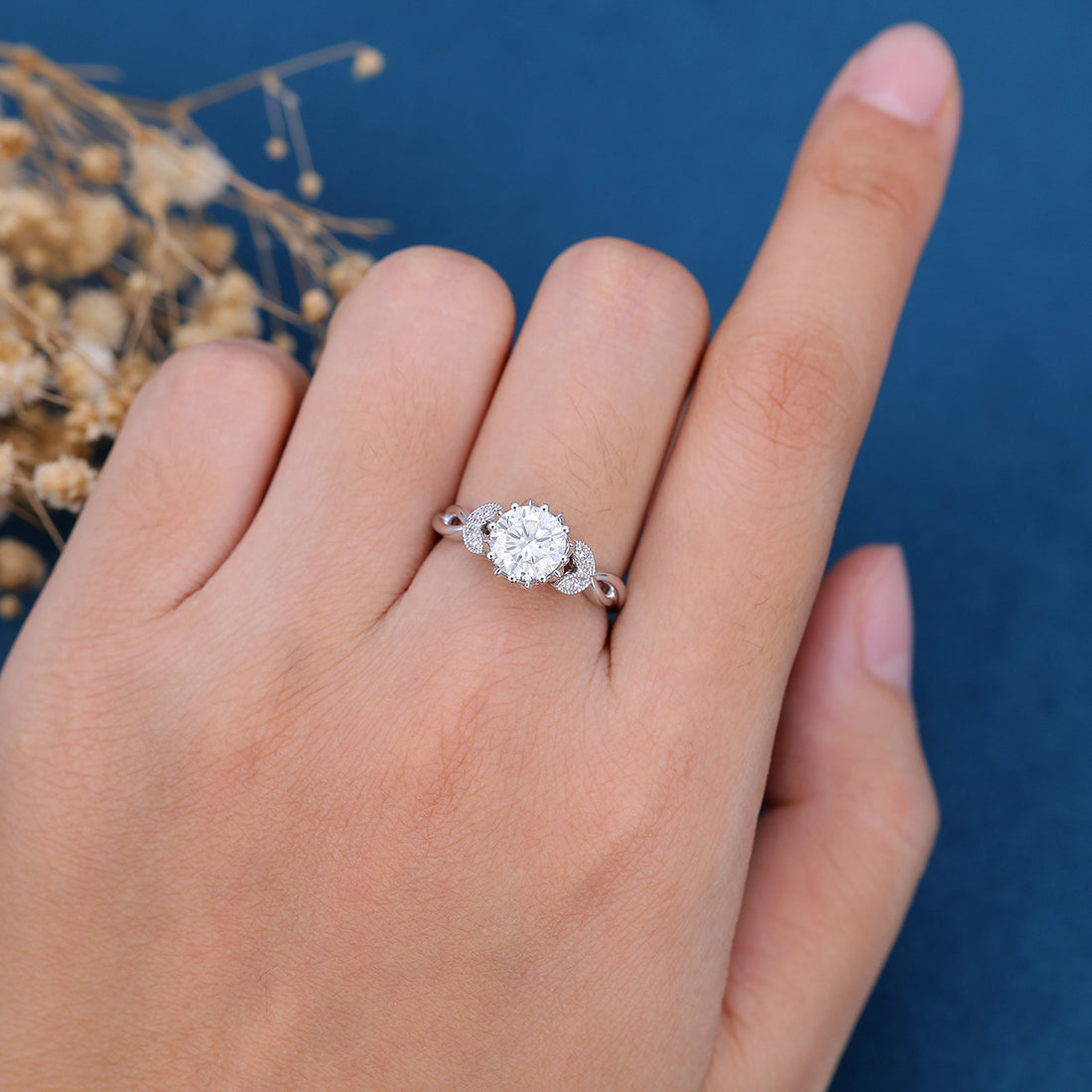 1.2Carat Round cut Moissanite Flower Engagement Ring