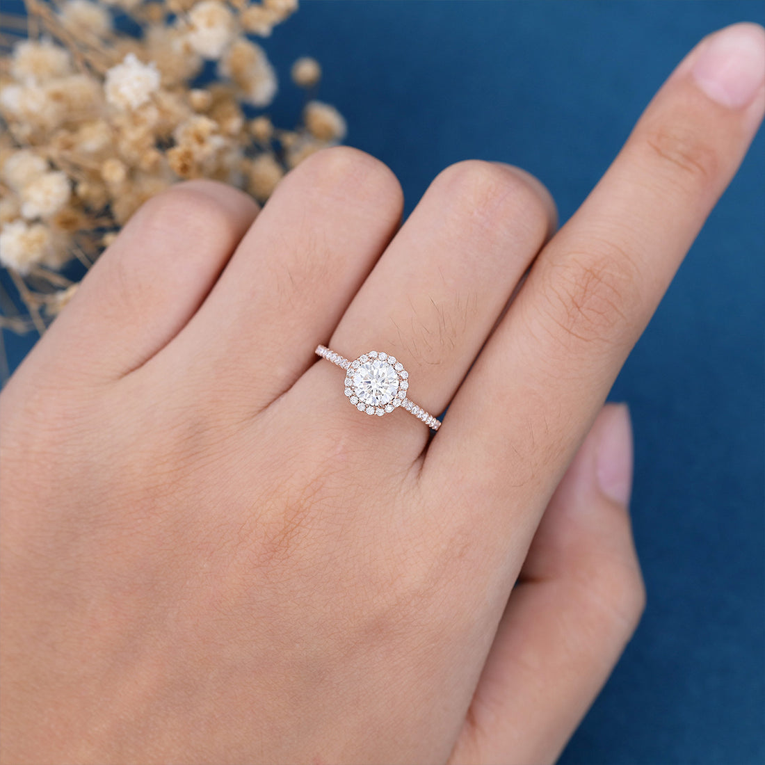 Round cut Halo Moissanite Half Eternity Engagement Ring