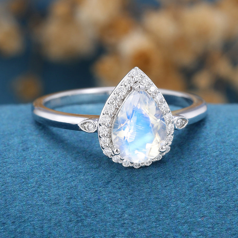 Pear cut Moonstone Halo Engagement Ring 