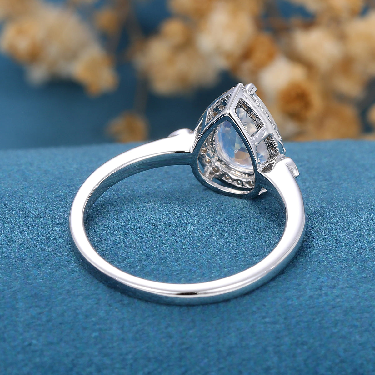 Pear cut Moonstone Halo Engagement Ring 