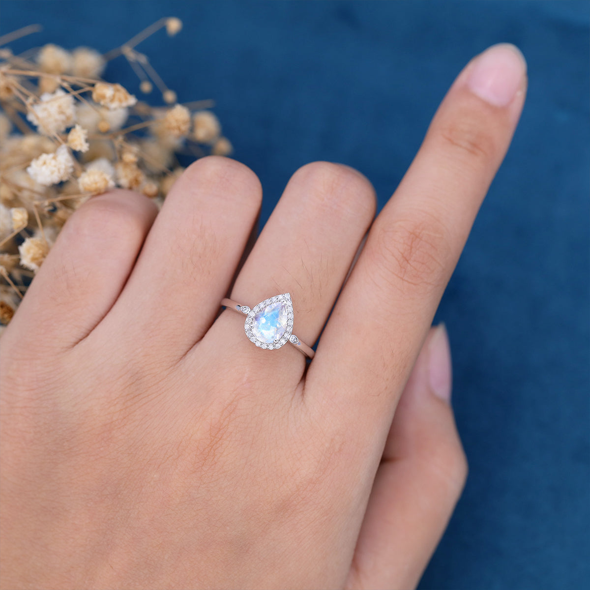 Pear cut Moonstone Halo Engagement Ring 