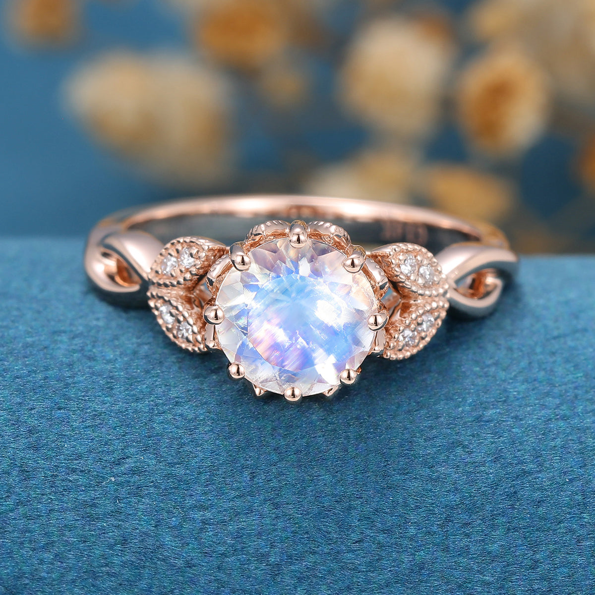 Round cut Moonstone Flower Engagement Ring 