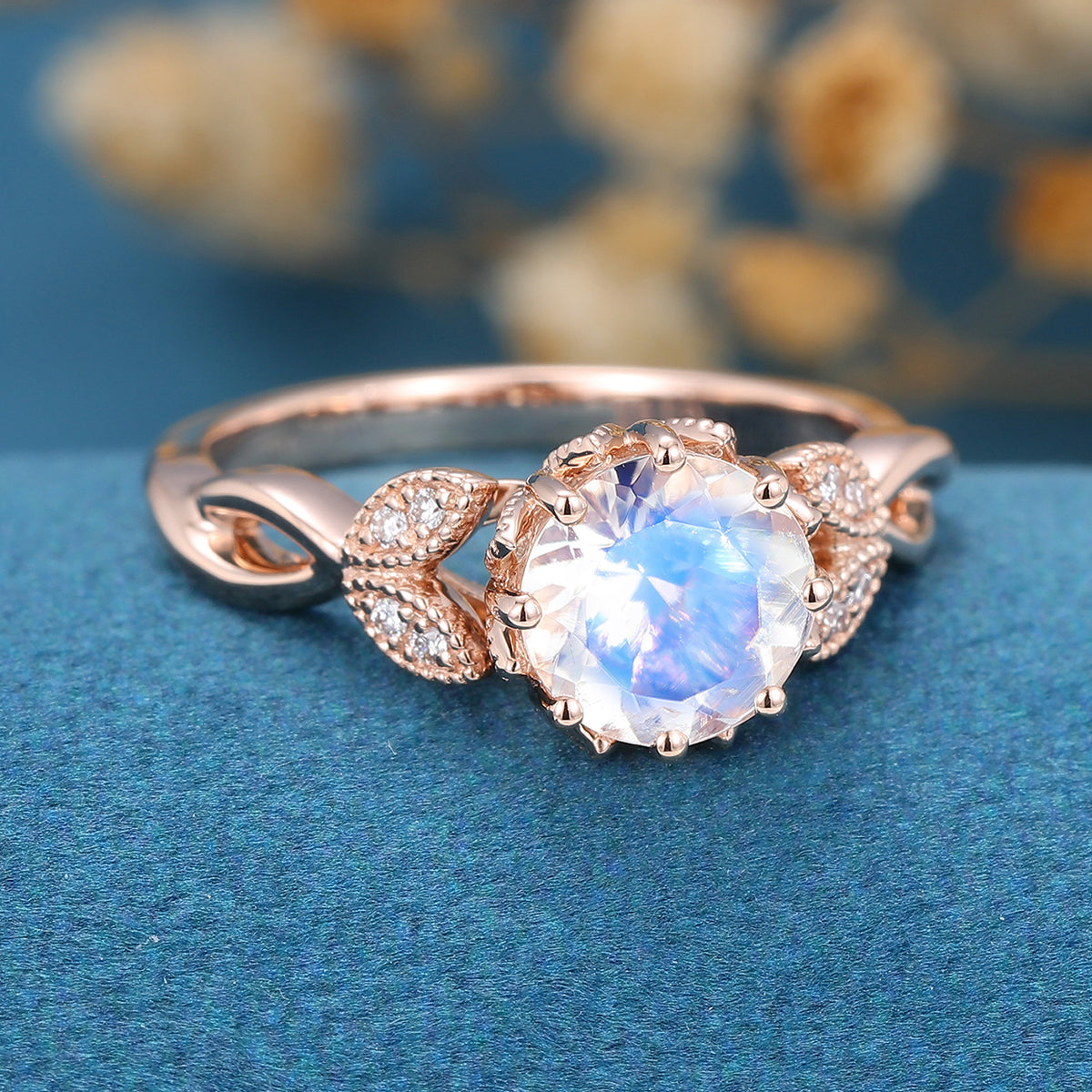 Round cut Moonstone Flower Engagement Ring 