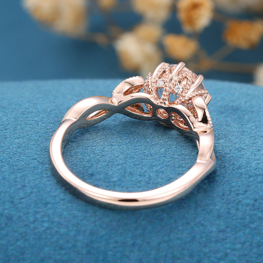 Round cut Moonstone Flower Engagement Ring 