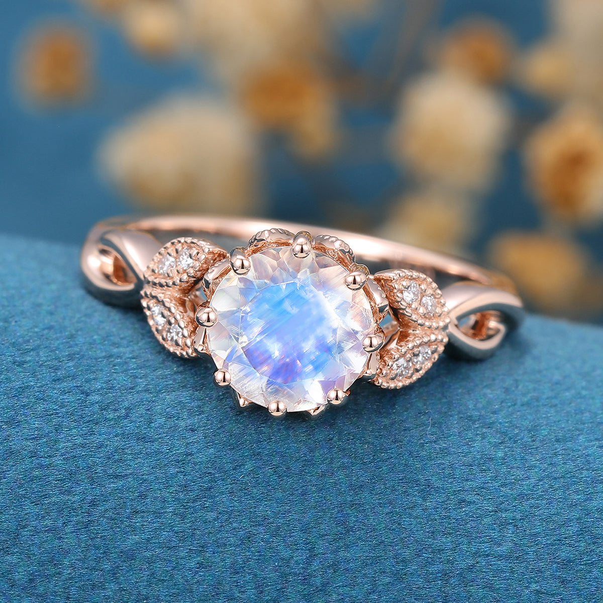 Round cut Moonstone Flower Engagement Ring 