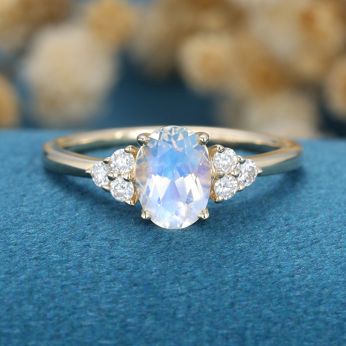 Oval cut Moonstone Cluster Engagement ring Bridal Set 