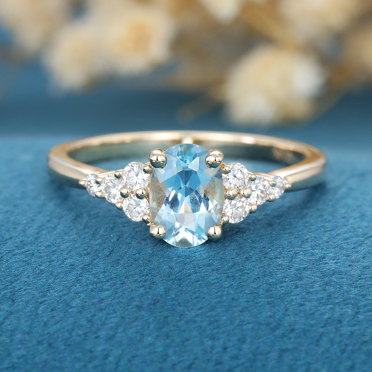 Oval cut Moonstone Cluster Engagement Ring 