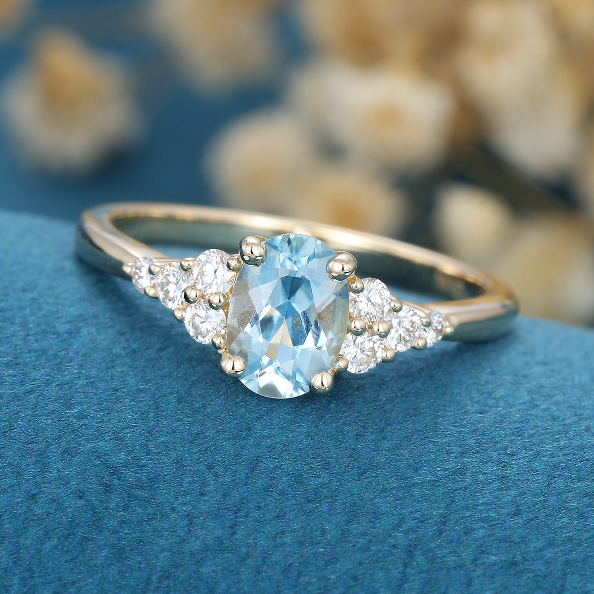 Oval cut Moonstone Cluster Engagement Ring 