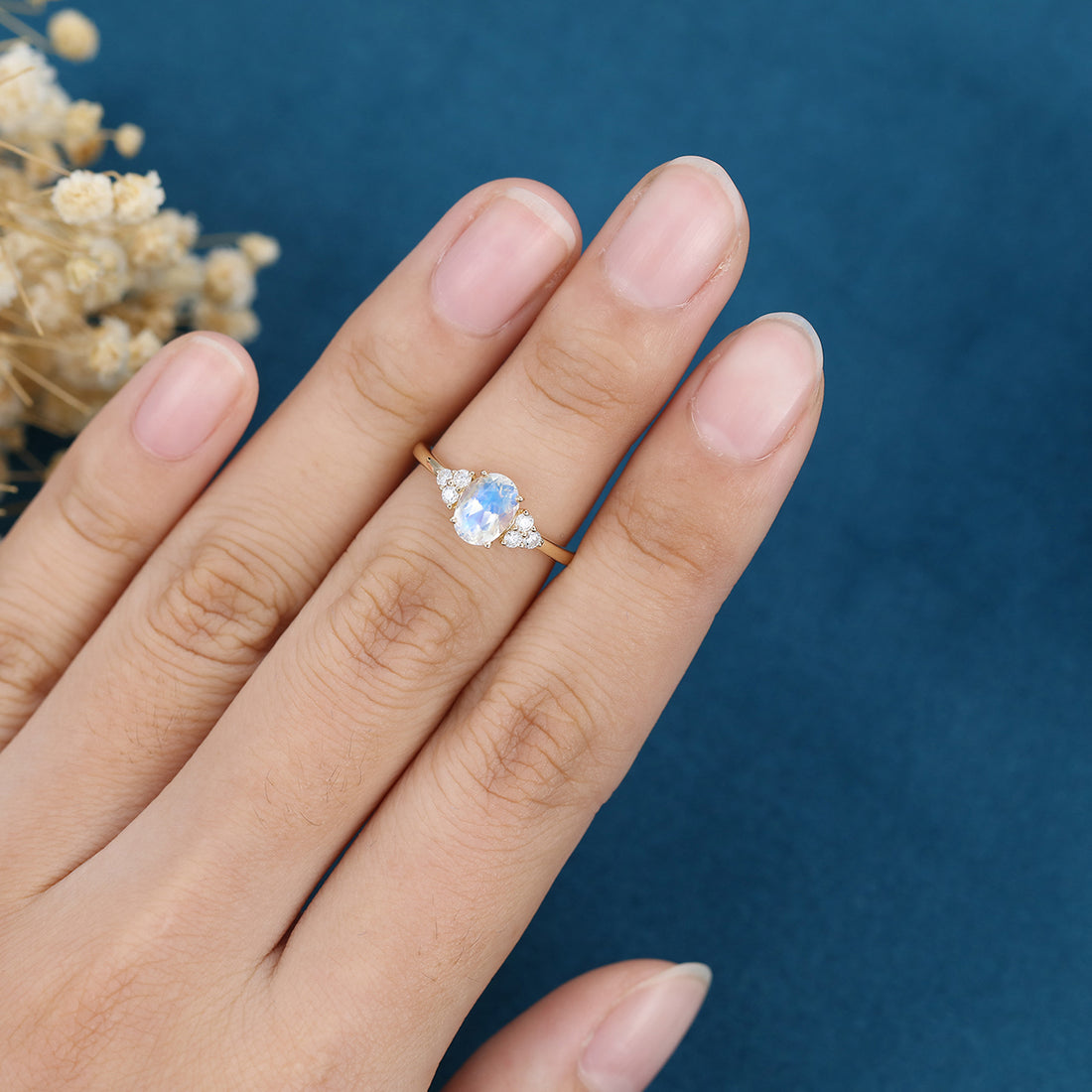 Oval cut Moonstone Cluster Engagement ring Bridal Set 