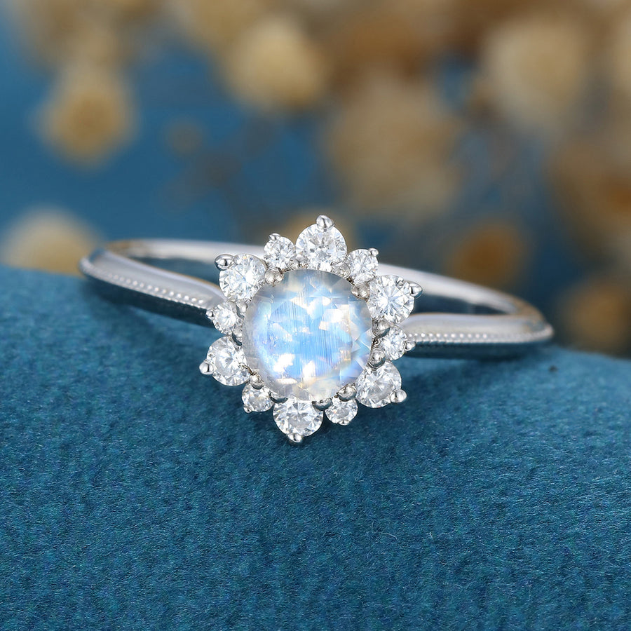 5mm Round cut Moonstone Flower Halo Engagement ring 