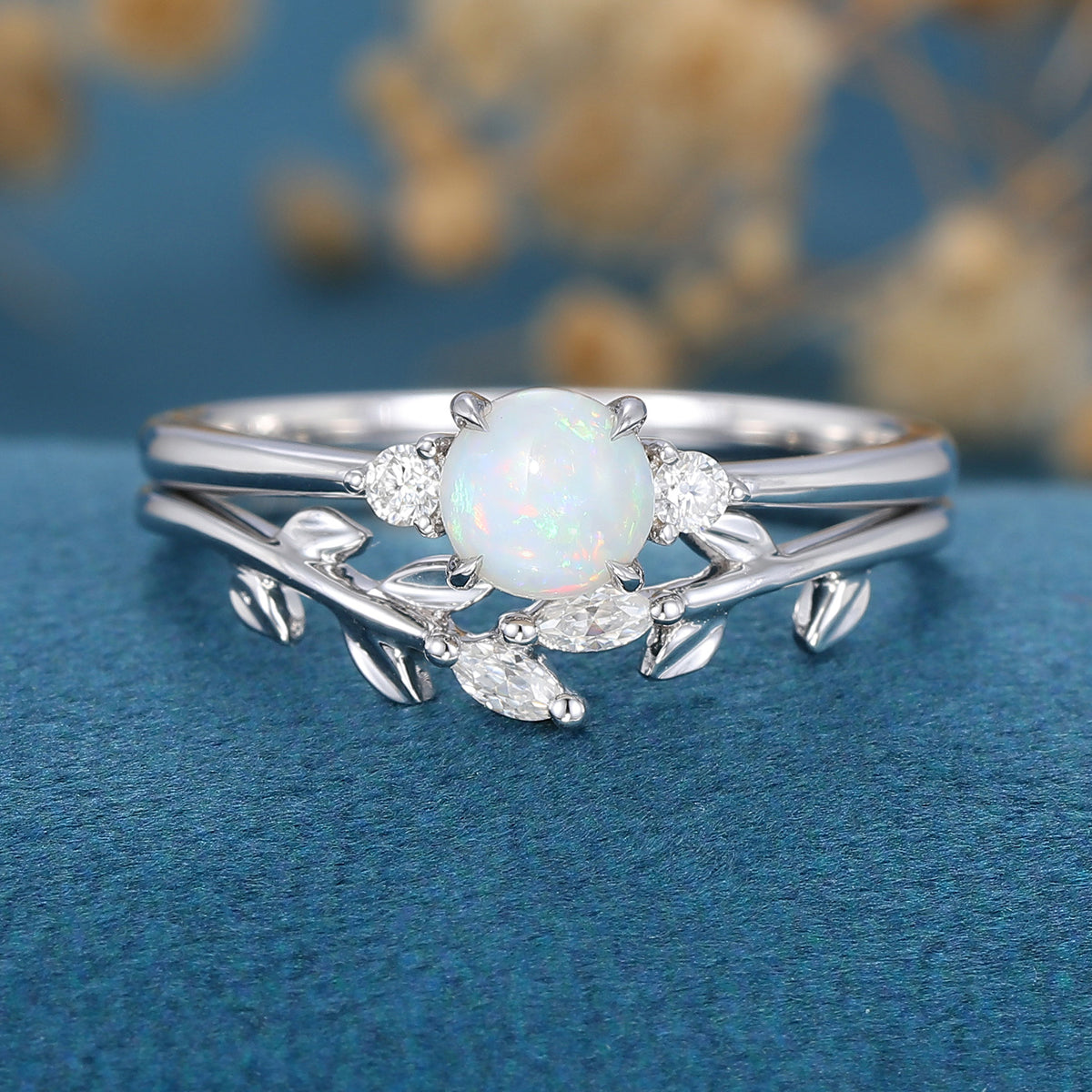 Round cut Opal Engagement ring Bridal Set 