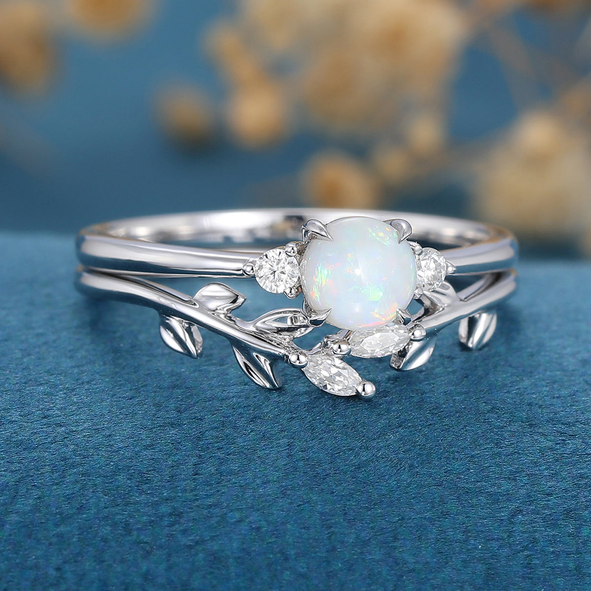 Round cut Opal Engagement ring Bridal Set 
