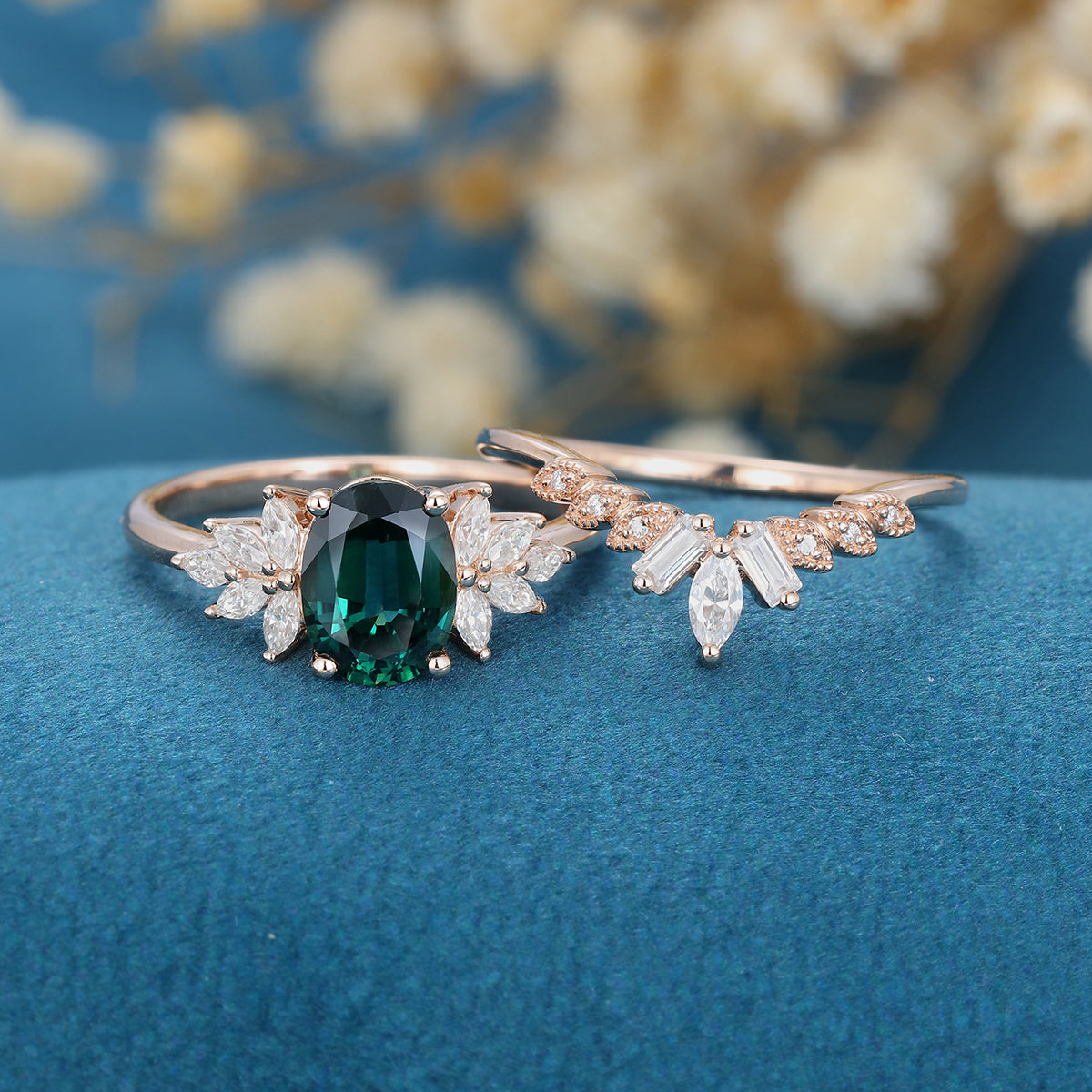 Oval Blue-Green Sapphire Cluster Engagement ring Bridal Set 