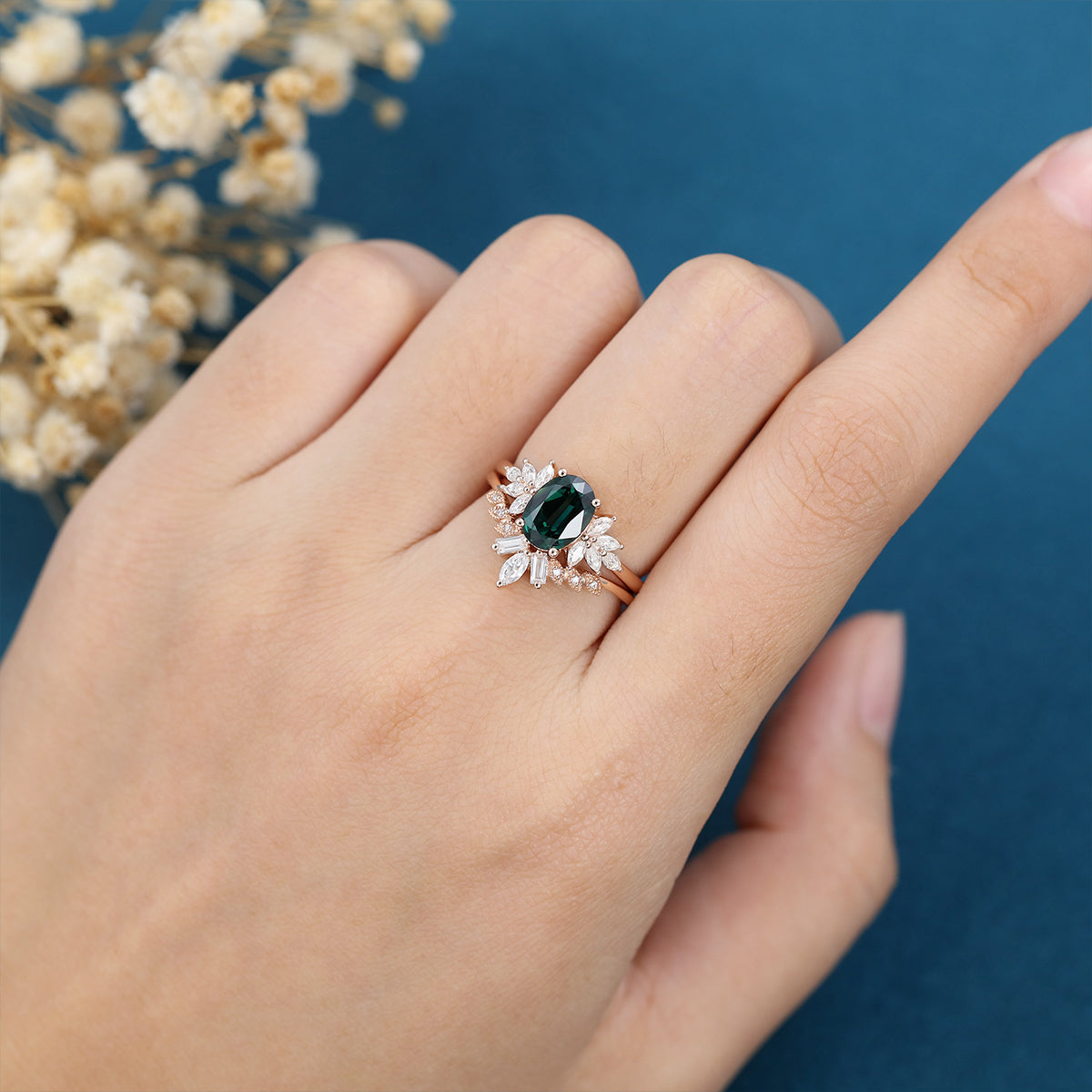 Oval Blue-Green Sapphire Cluster Engagement ring Bridal Set 