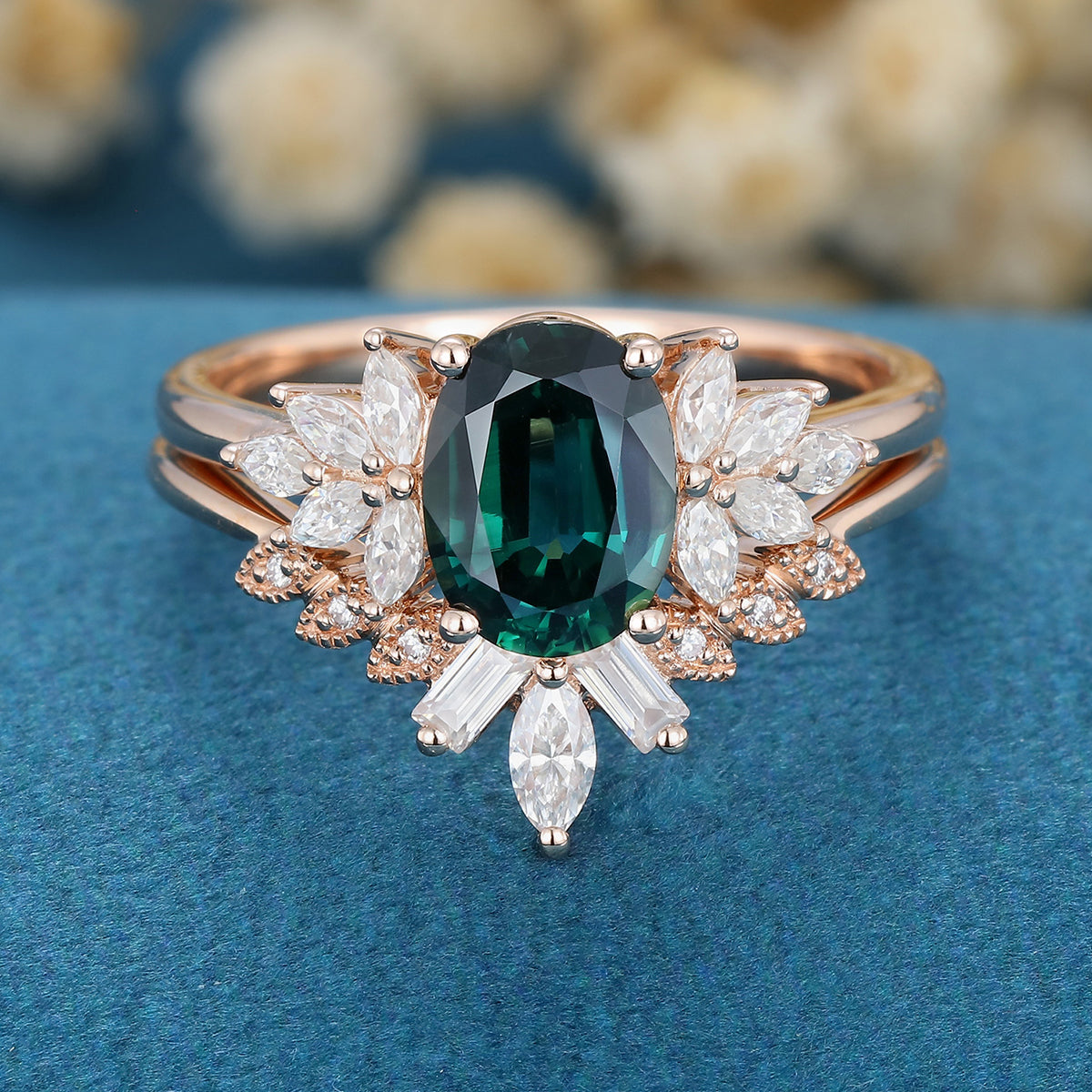 Oval Blue-Green Sapphire Cluster Engagement ring Bridal Set 