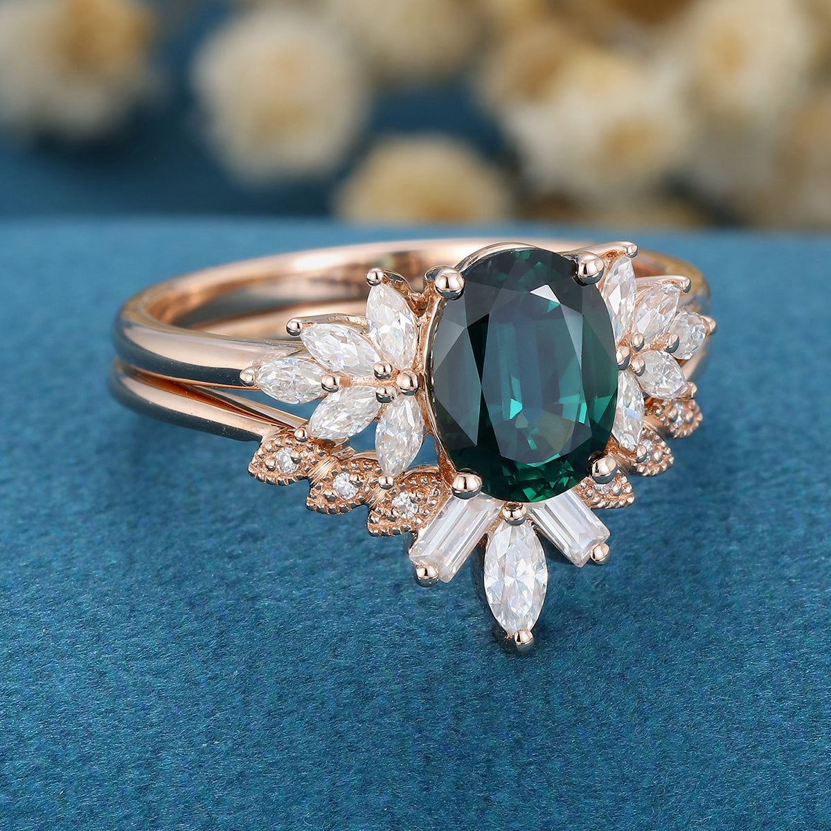 Oval Blue-Green Sapphire Cluster Engagement ring Bridal Set 