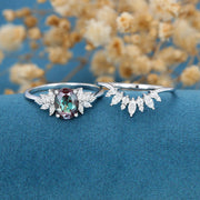 2PCS Oval cut Alexandrite Cluste Engagement ring Bridal Set 