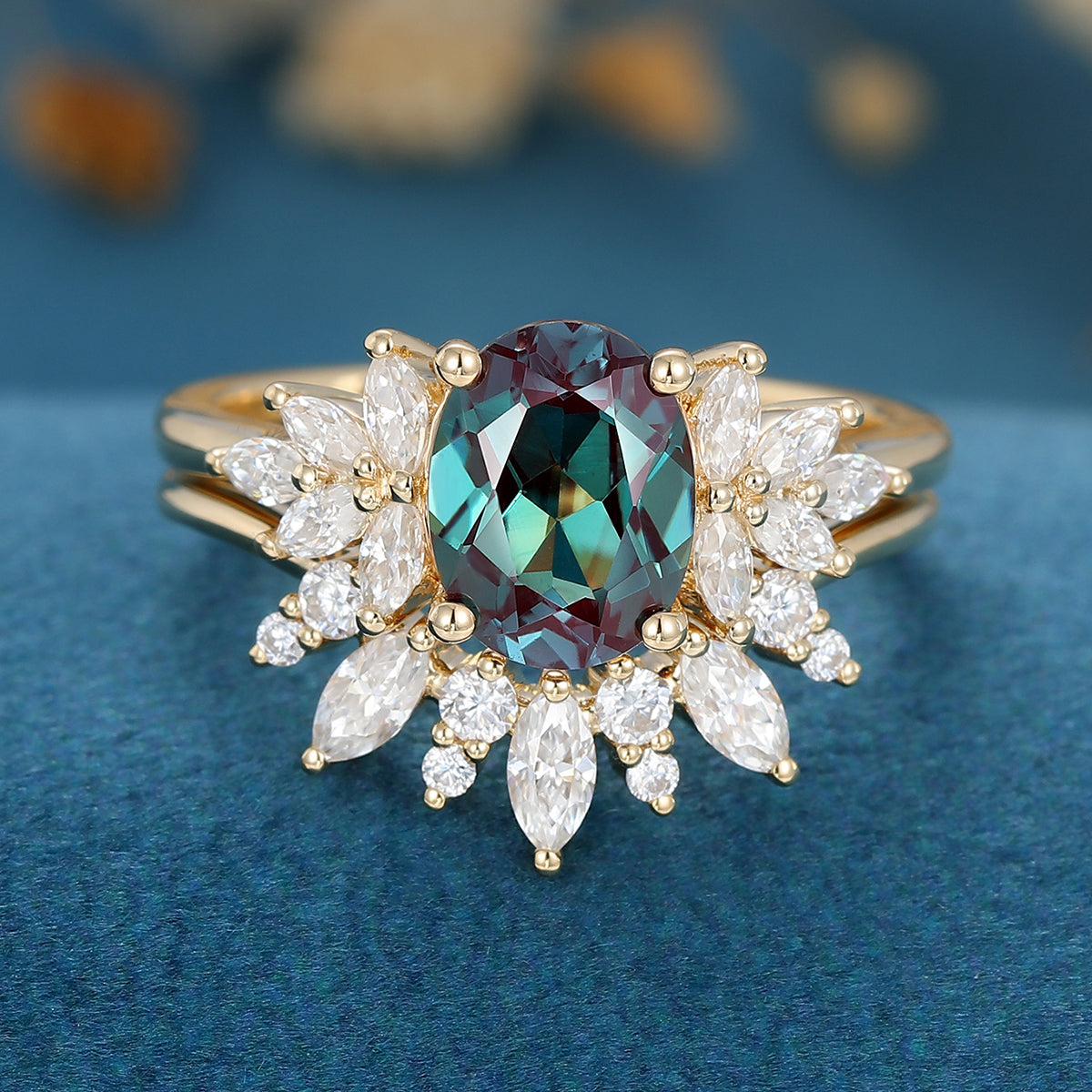 Oval cut Alexandrite Cluster Engagement ring Bridal Set 