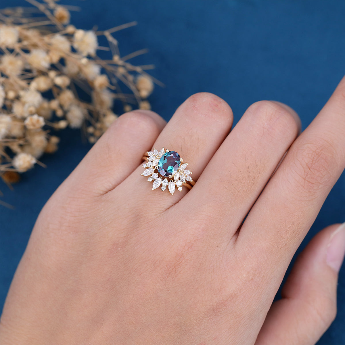 Oval cut Alexandrite Cluster Engagement ring Bridal Set 