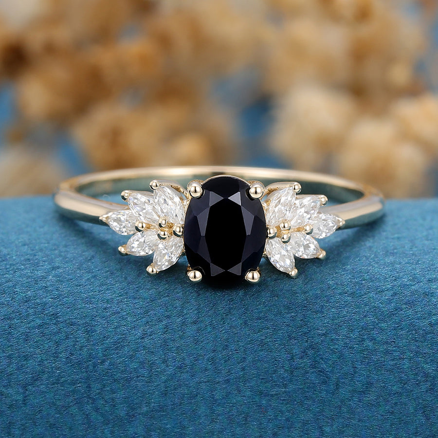 Oval cut Black Sapphire Cluster Engagement ring 