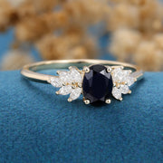 Oval cut Black Sapphire Cluster Engagement ring 