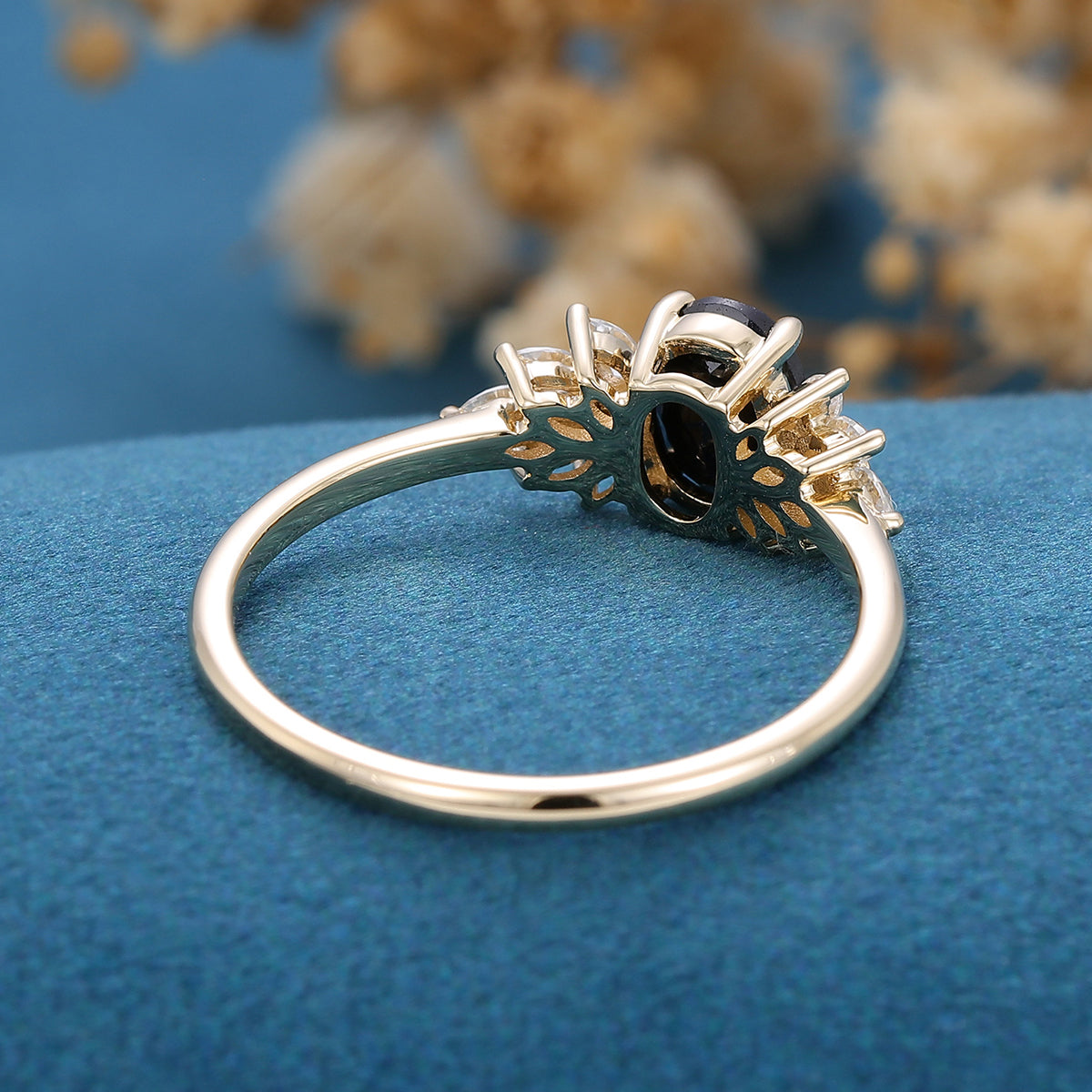 Oval cut Black Sapphire Cluster Engagement ring 