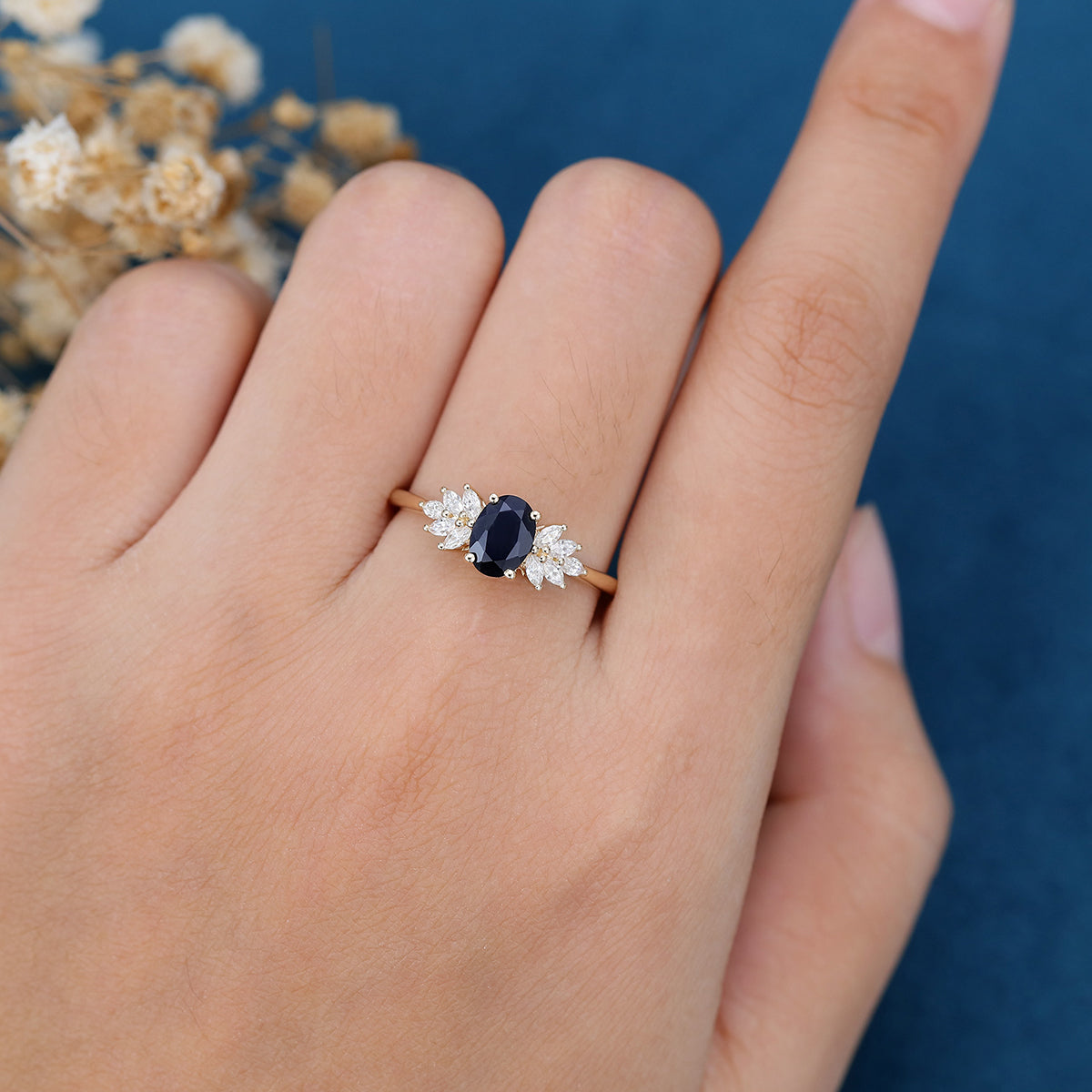 Oval cut Black Sapphire Cluster Engagement ring 