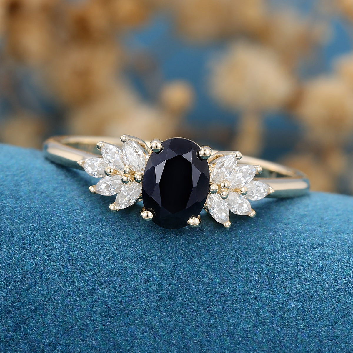 Oval cut Black Sapphire Cluster Engagement ring 