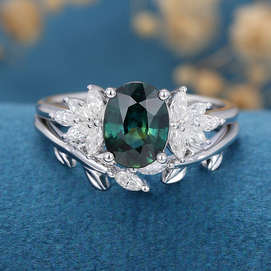 Oval Blue-Green Sapphire Cluster Engagement Bridal Set 