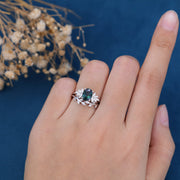 Oval Blue-Green Sapphire Cluster Engagement Bridal Set 
