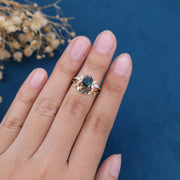 Oval cut Blue-Green Sapphire Engagement ring Bridal Set 
