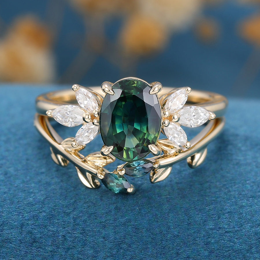 Oval cut Blue-Green Sapphire Engagement ring Bridal Set 
