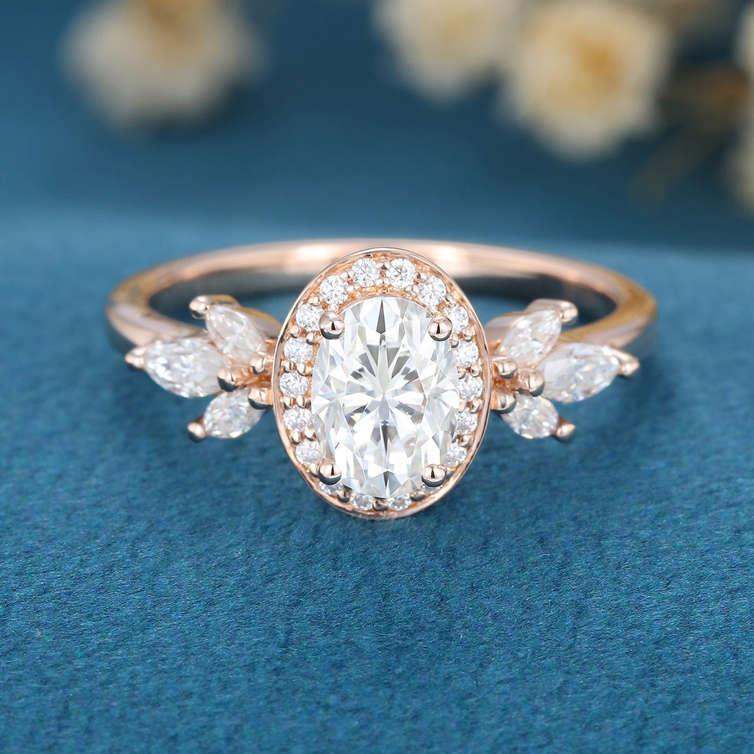 Oval cut Moissanite Halo Engagement ring