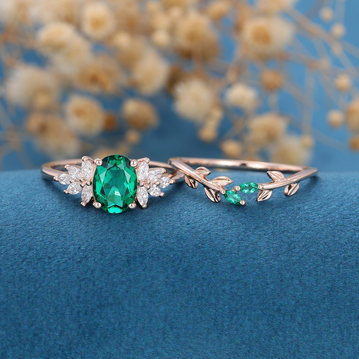 Oval cut Emerald Cluster Engagement ring Bridal Set 