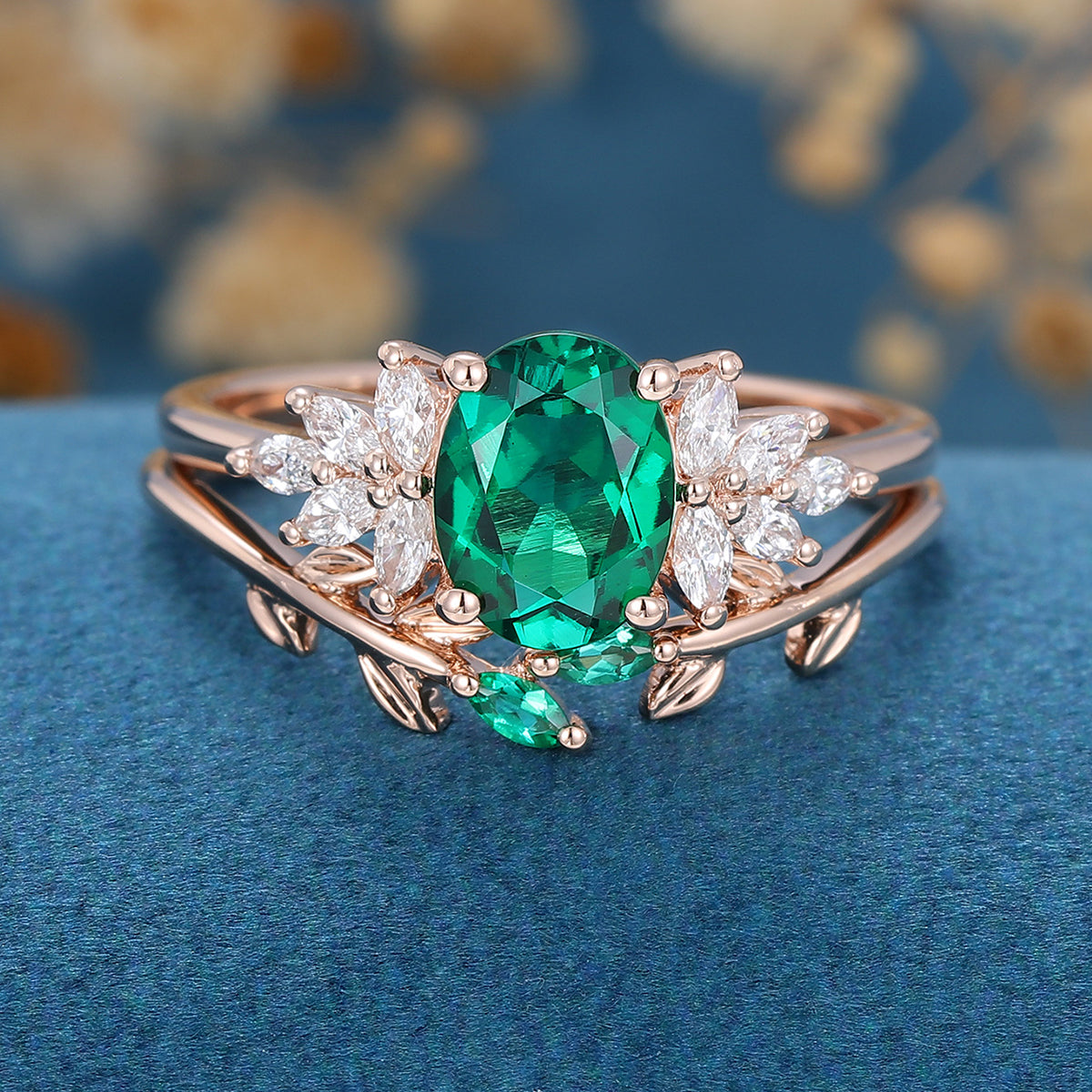 Oval cut Emerald Cluster Engagement ring Bridal Set 
