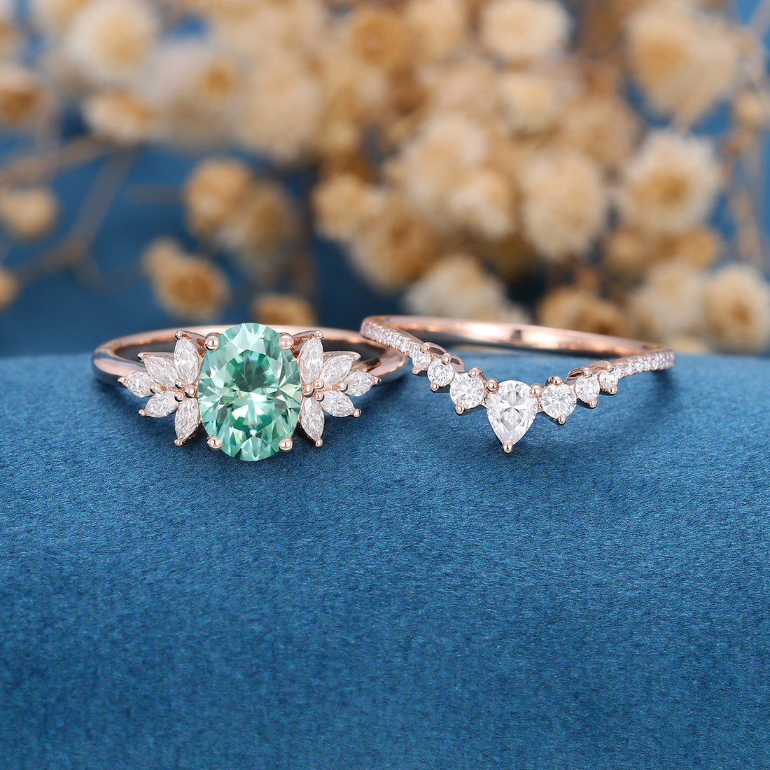 Oval cut Green Moissanite Engagement ring Bridal Set