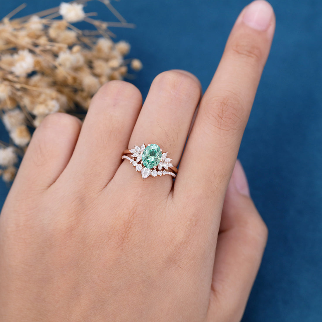 1.5Carat Oval cut Green Moissanite Engagement ring Bridal Set