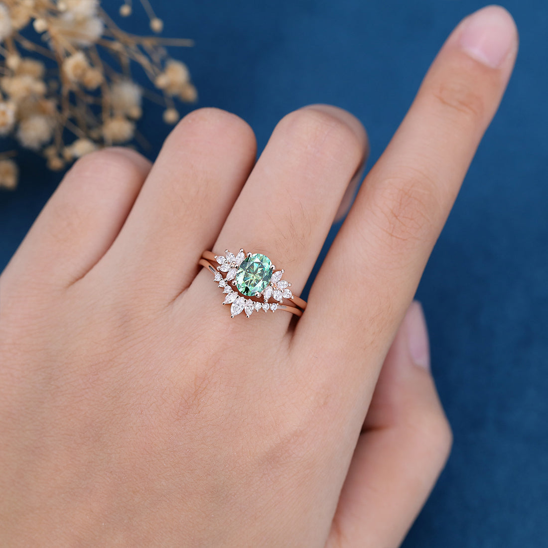 1.4Carat Oval Green Moissanite Cluster Engagement ring Bridal Set