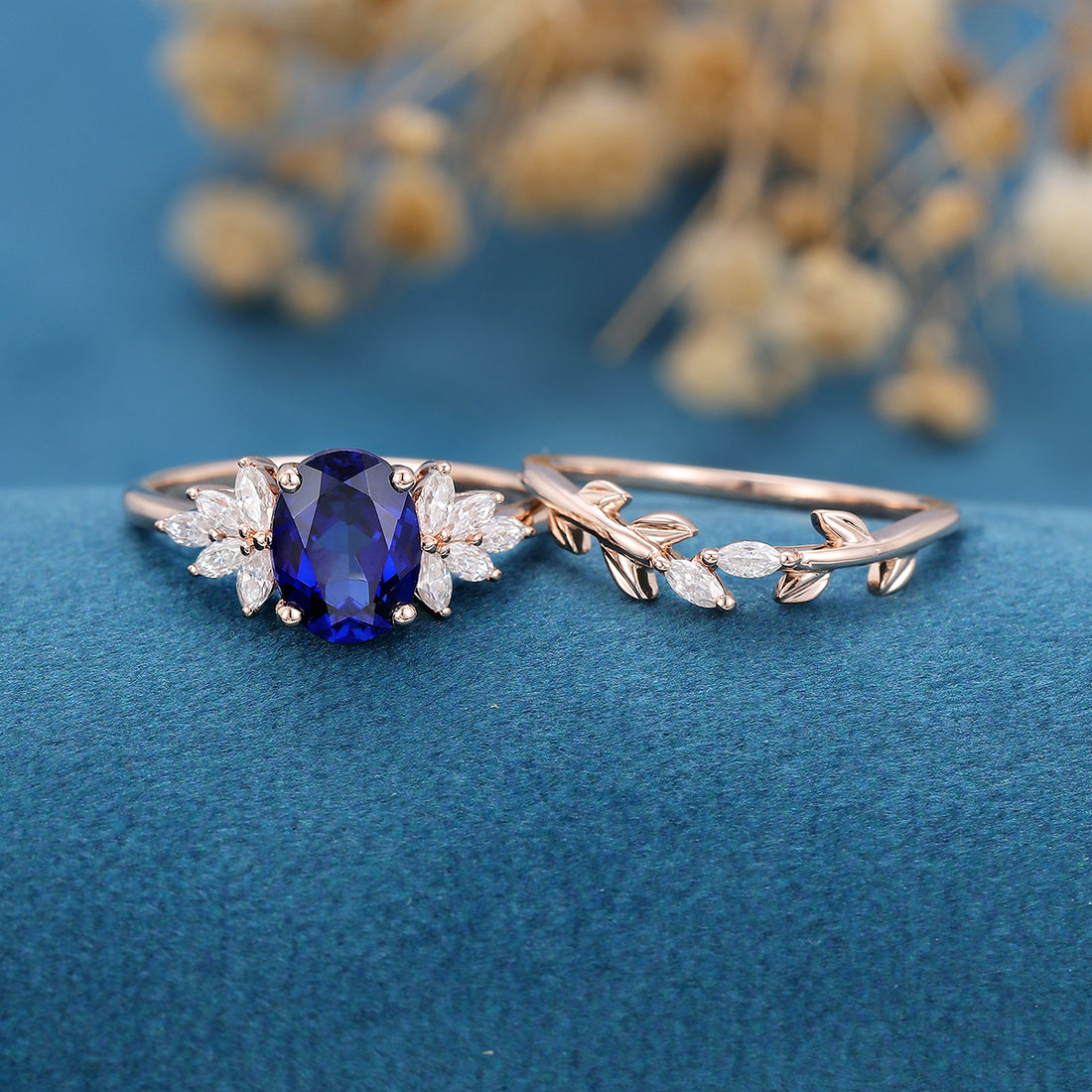 Oval cut Lab Sapphire Engagement ring Bridal Set 