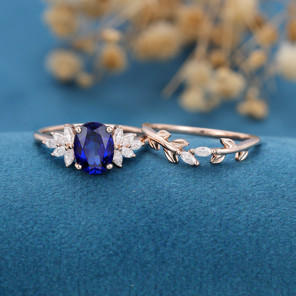 Oval cut Lab Sapphire Engagement ring Bridal Set 