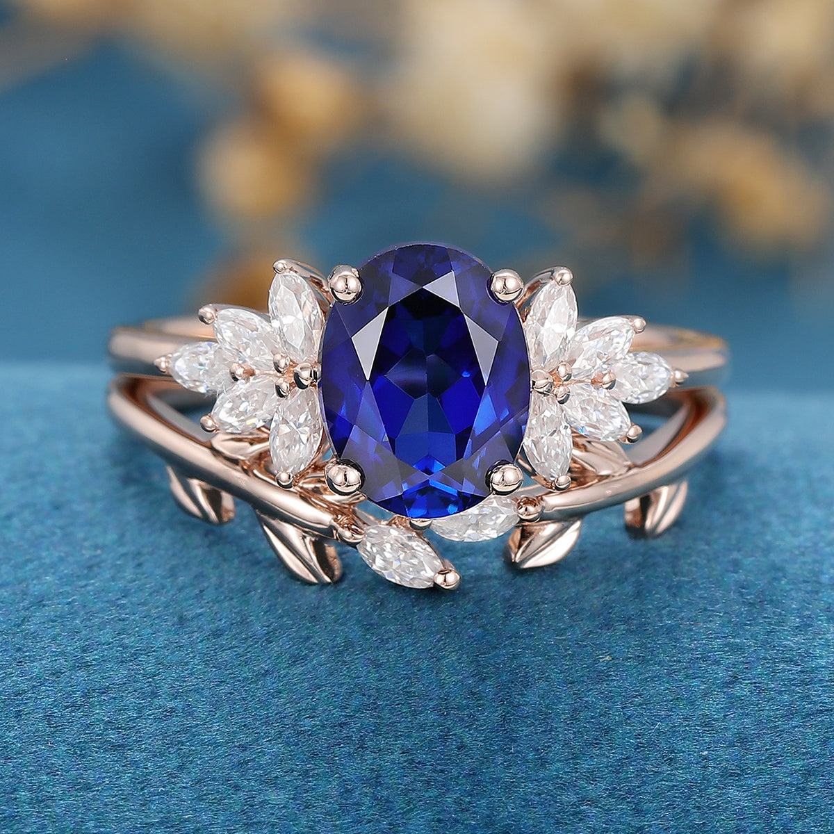 Oval cut Lab Sapphire Engagement ring Bridal Set 