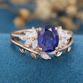 Oval cut Lab Sapphire Engagement ring Bridal Set 