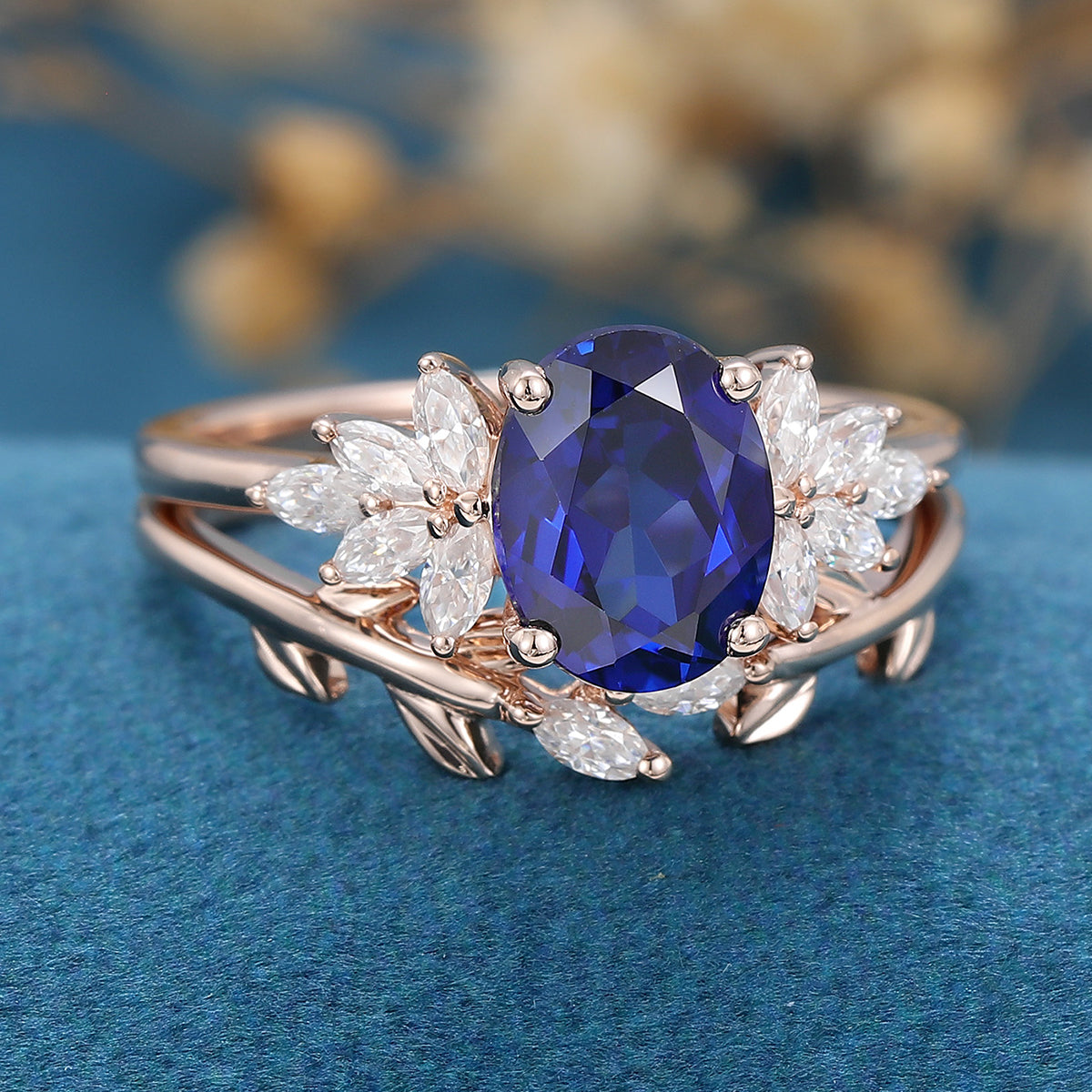 Oval cut Lab Sapphire Engagement ring Bridal Set 