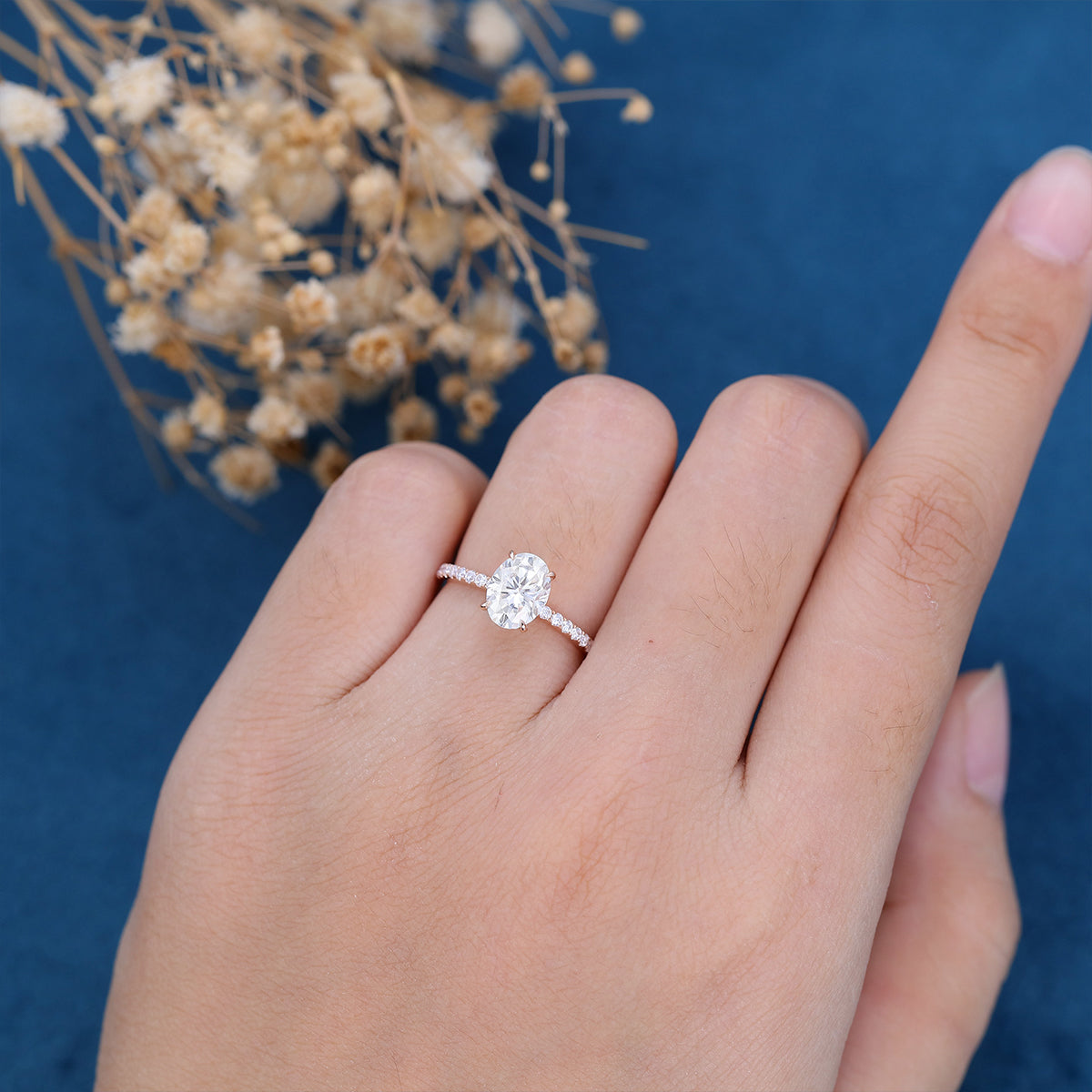 Oval cut Moissanite half eternity Engagement ring 