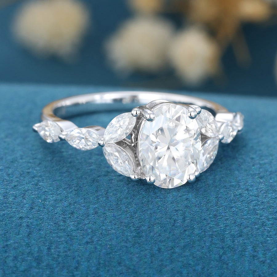 Oval cut Moissanite Cluster Engagement ring 