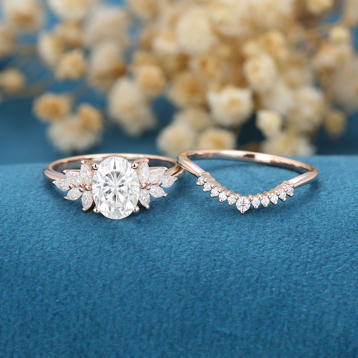 Oval cut Moissanite Cluster Engagement ring Bridal Set 
